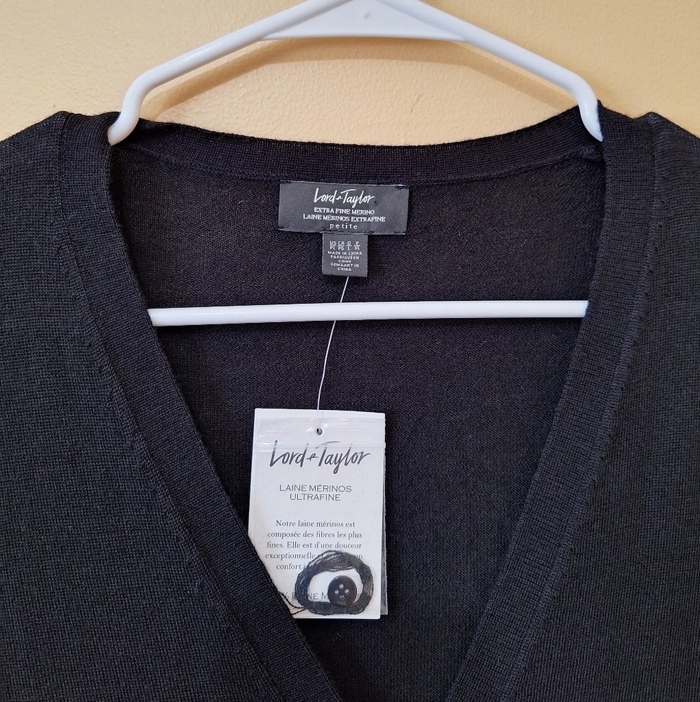 Lord & Taylor Black Women's Merino Cardigan NWT Size L Petite